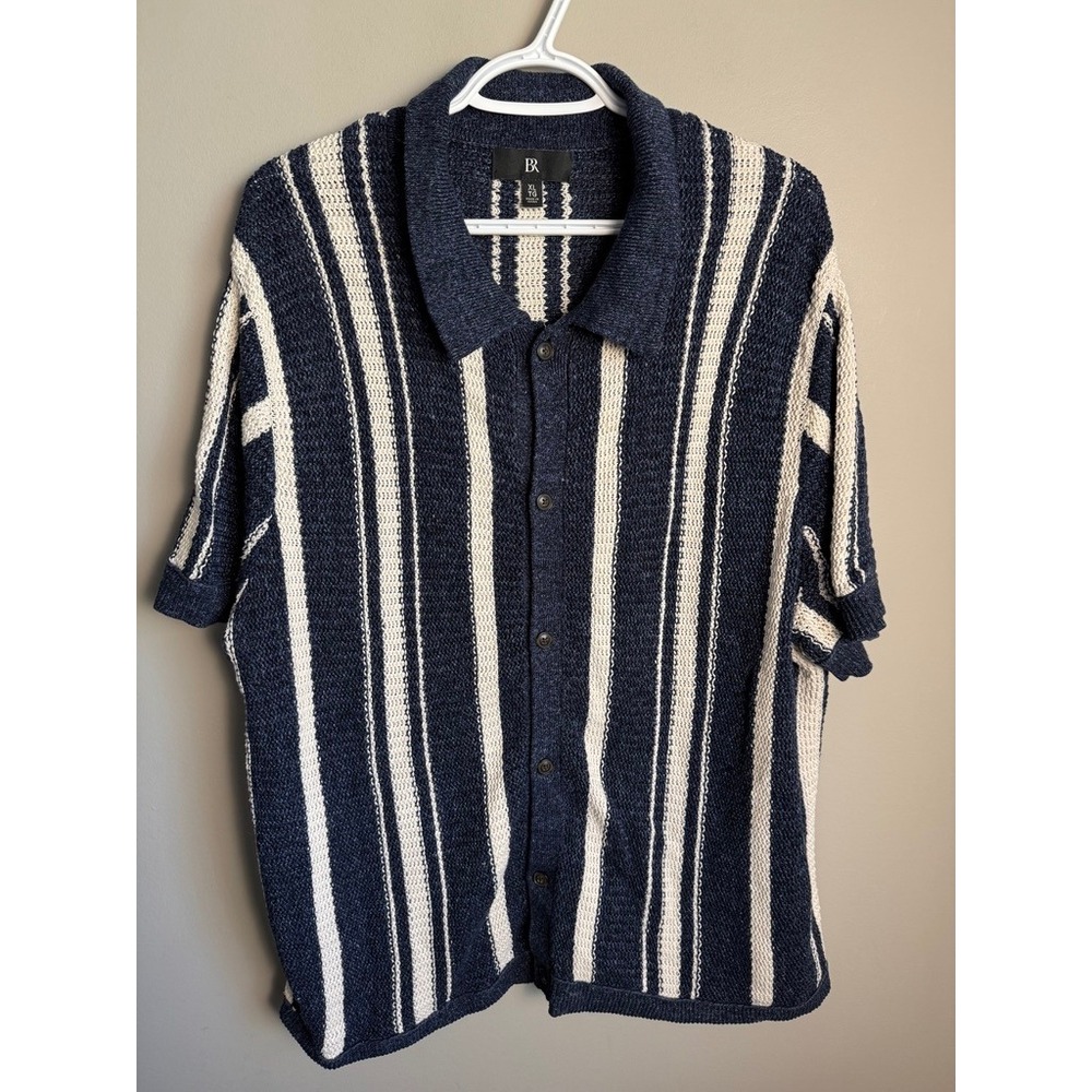 Banana Republic Mens Blue Striped Knit Polo Shirt XL Coastal Preppy Retro Money